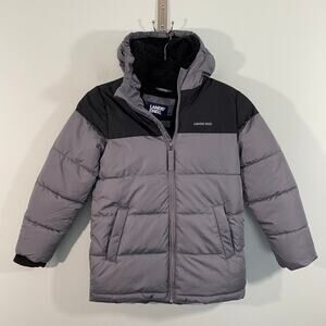 Lands' End Kid Grey & Black Faux Shearling Lined Hooded Puffer Jacket Sz S (6-7)